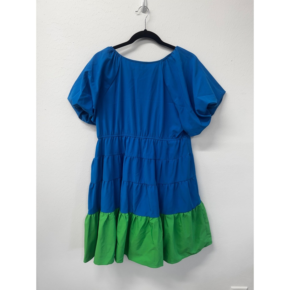 Entro Blue Green Puff Sleeve V Neck Tiered Knee Length Dopamine dressing - Picture 7 of 10